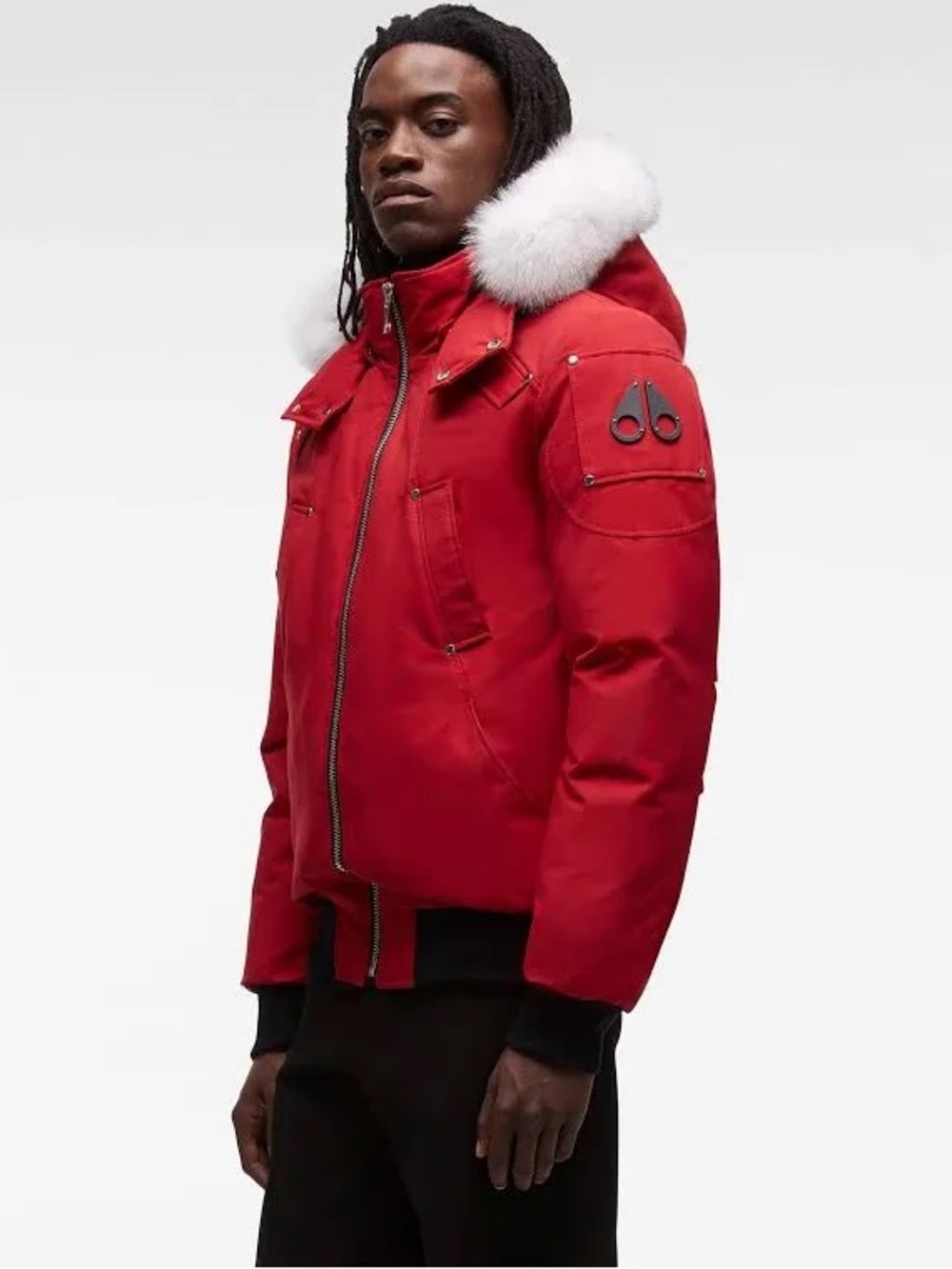 Moose Knuckles Men's Bright Red Puffer Jacket with White Fur-Trim Hood